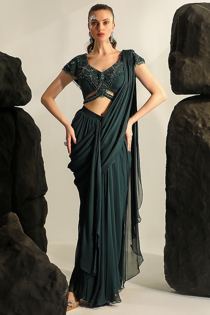 Deep Bluish Green Georgette Pleated Draped Saree Set by Jade by Ashima