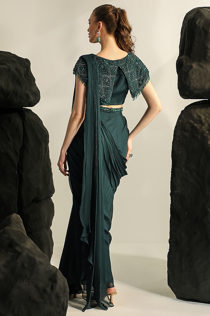 Deep Bluish Green Georgette Pleated Draped Wedding Saree Set by Jade by Ashima at Pernia's Pop Up Shop