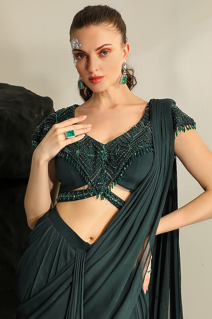 Deep Bluish Green Georgette Pleated Draped Wedding Saree Set by Jade by Ashima at Pernia's Pop Up Shop