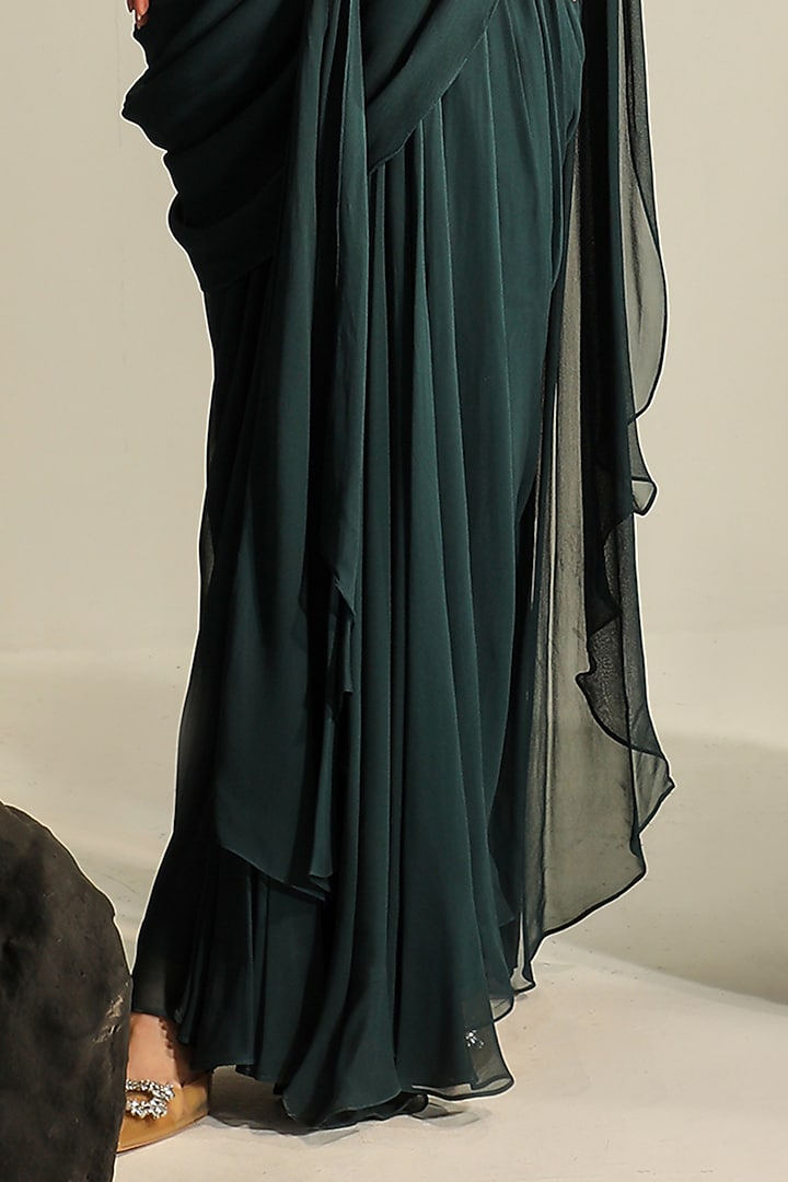 Deep Bluish Green Georgette Pleated Draped Wedding Saree Set by Jade by Ashima at Pernia's Pop Up Shop