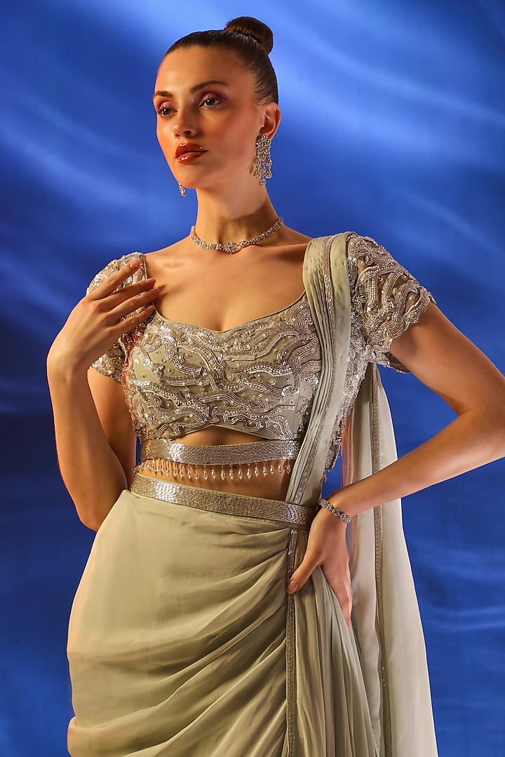 Light Sage Green Organza Pleated Draped Wedding Saree Set by Jade by Ashima at Pernia's Pop Up Shop