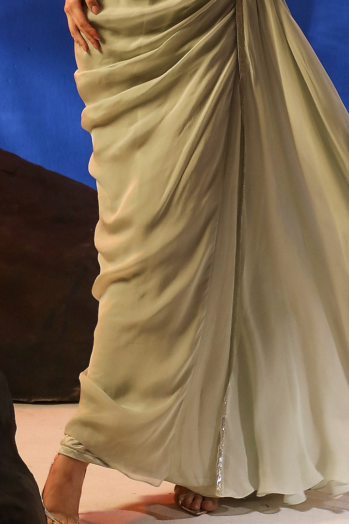 Light Sage Green Organza Pleated Draped Wedding Saree Set by Jade by Ashima at Pernia's Pop Up Shop