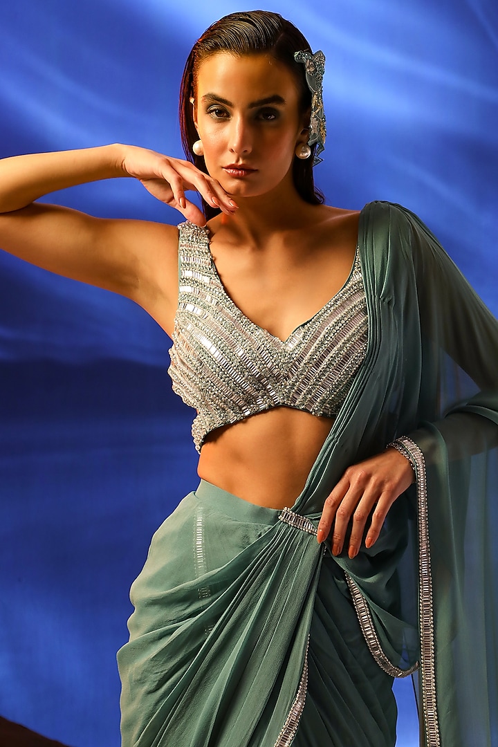 Light Tiffany Blue Georgette Hand Embroidered Draped Wedding Saree Set by Jade by Ashima at Pernia's Pop Up Shop