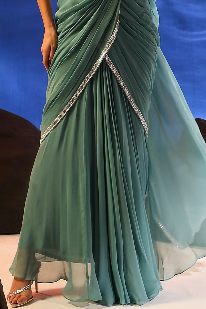 Light Tiffany Blue Georgette Hand Embroidered Draped Wedding Saree Set by Jade by Ashima at Pernia's Pop Up Shop