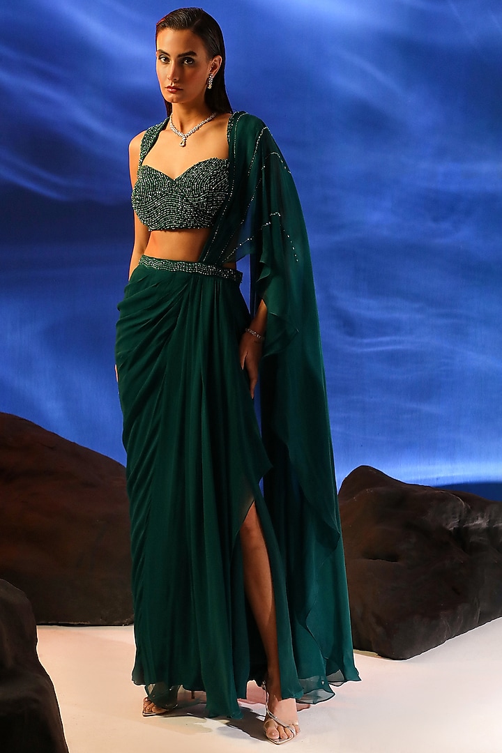Emerald Green Georgette Hand Embroidered Draped Saree Set by Jade by Ashima