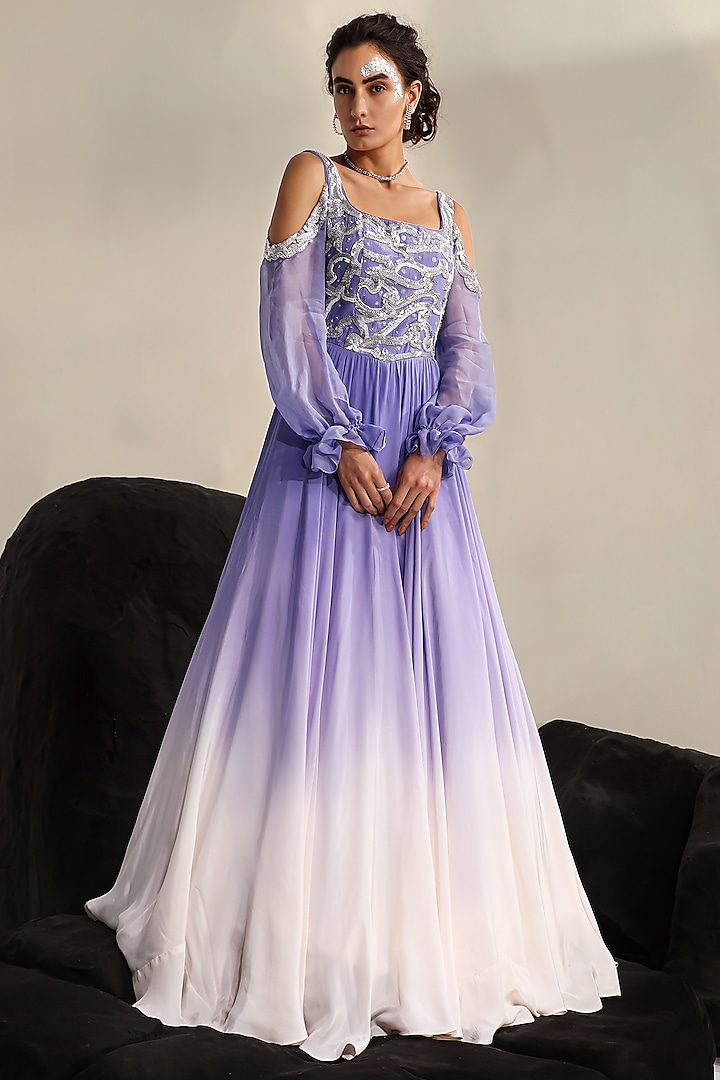 Orchid Purple & White Crepe Gown by Jade by Ashima