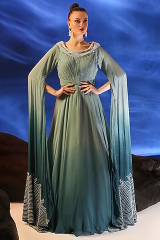 Mist Blue & Teal Georgette Hand Embroidered Gown by Jade by Ashima