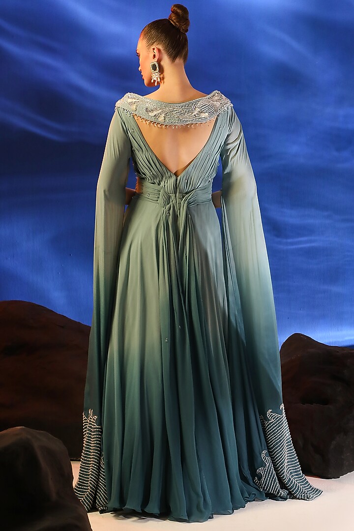 Mist Blue & Teal Georgette Hand Embroidered Engagement Gown by Jade by Ashima at Pernia's Pop Up Shop