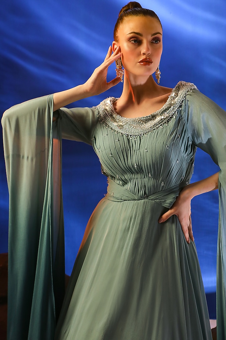 Mist Blue & Teal Georgette Hand Embroidered Engagement Gown by Jade by Ashima at Pernia's Pop Up Shop
