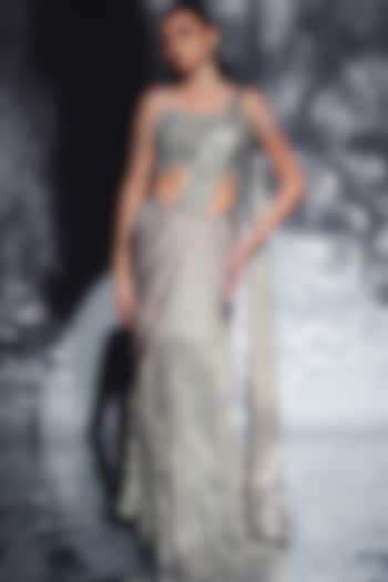 Ash Grey Satin & Shantoon Embroidered Draped Wedding Saree Set by Jade by Ashima at Pernia's Pop Up Shop