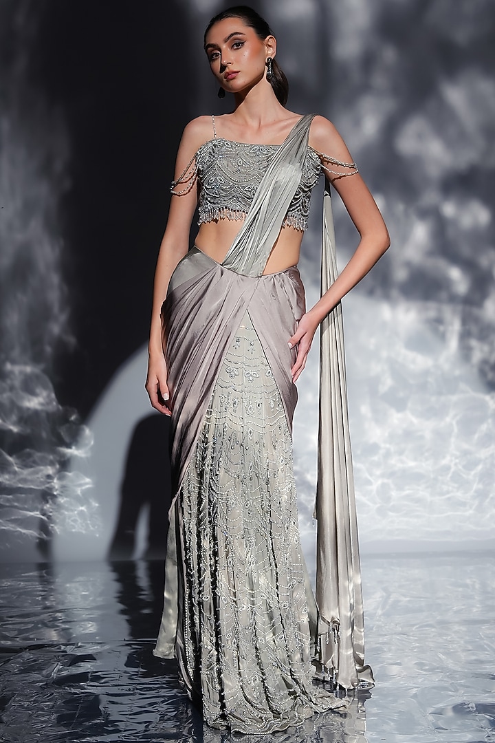 Ash Grey Satin & Shantoon Embroidered Draped Wedding Saree Set by Jade by Ashima at Pernia's Pop Up Shop