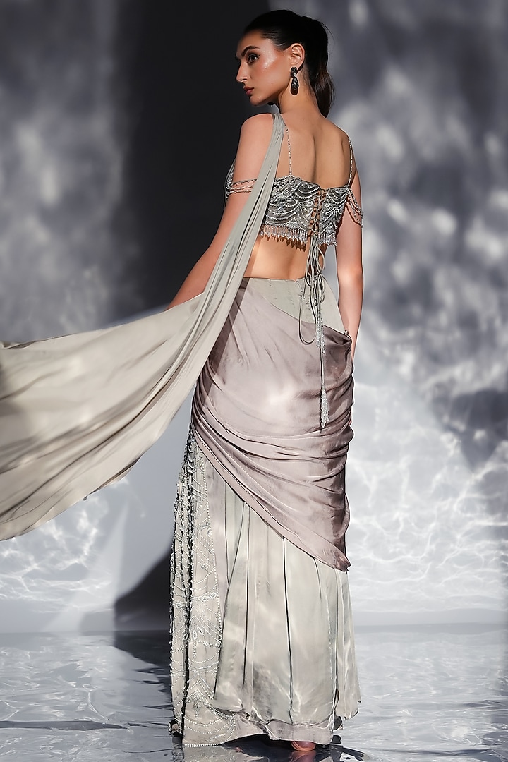 Ash Grey Satin & Shantoon Embroidered Draped Wedding Saree Set by Jade by Ashima at Pernia's Pop Up Shop