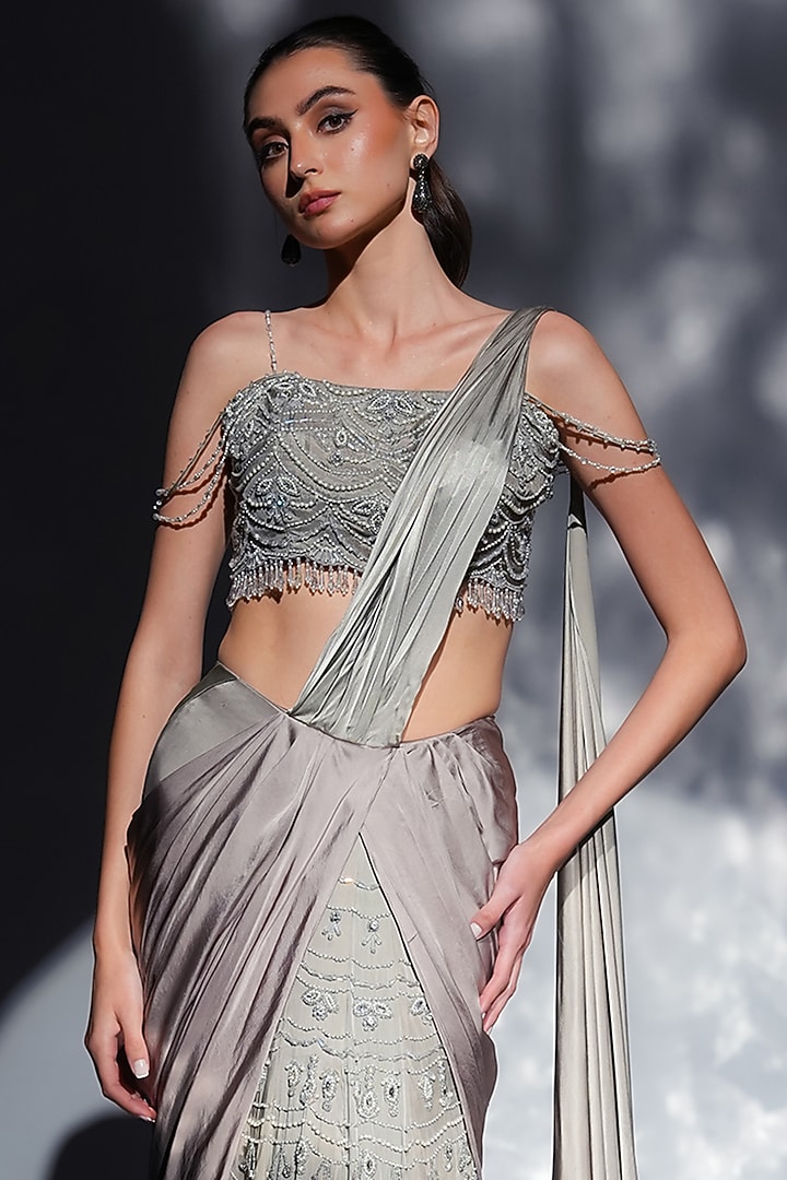 Ash Grey Satin & Shantoon Embroidered Draped Wedding Saree Set by Jade by Ashima at Pernia's Pop Up Shop