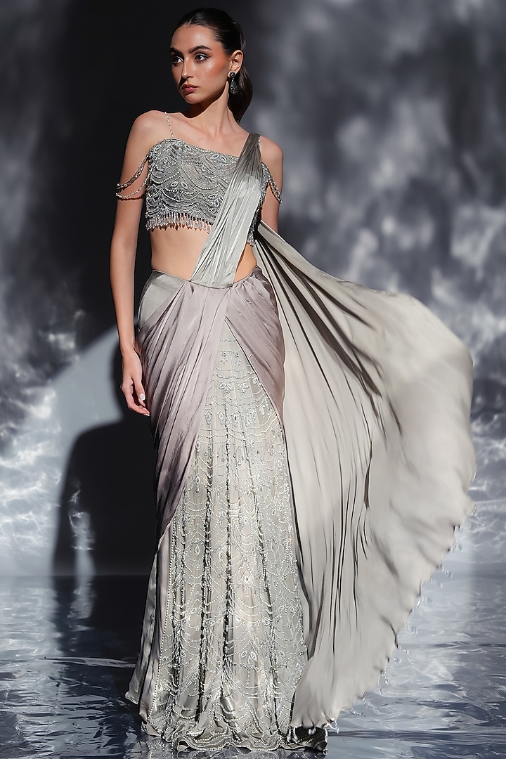 Ash Grey Satin & Shantoon Embroidered Draped Wedding Saree Set by Jade by Ashima at Pernia's Pop Up Shop