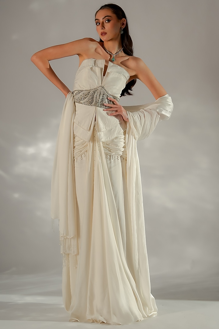 Ivory Satin & Organza Embellished Co-Ord Set by Jade by Ashima at Pernia's Pop Up Shop