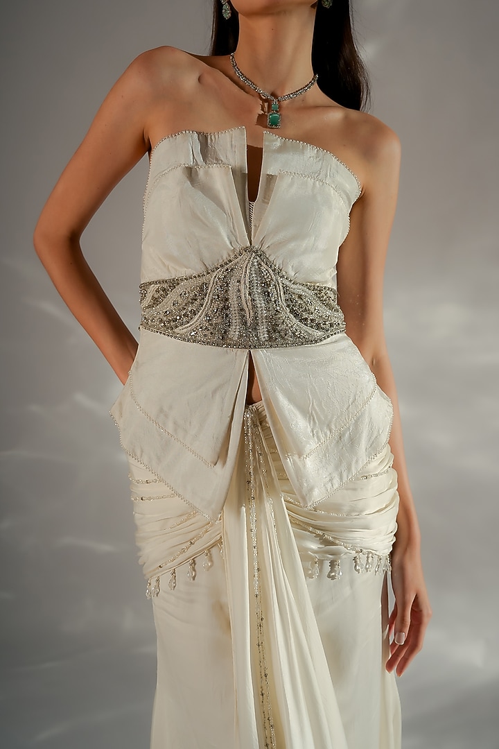 Ivory Satin & Organza Embellished Co-Ord Set by Jade by Ashima at Pernia's Pop Up Shop