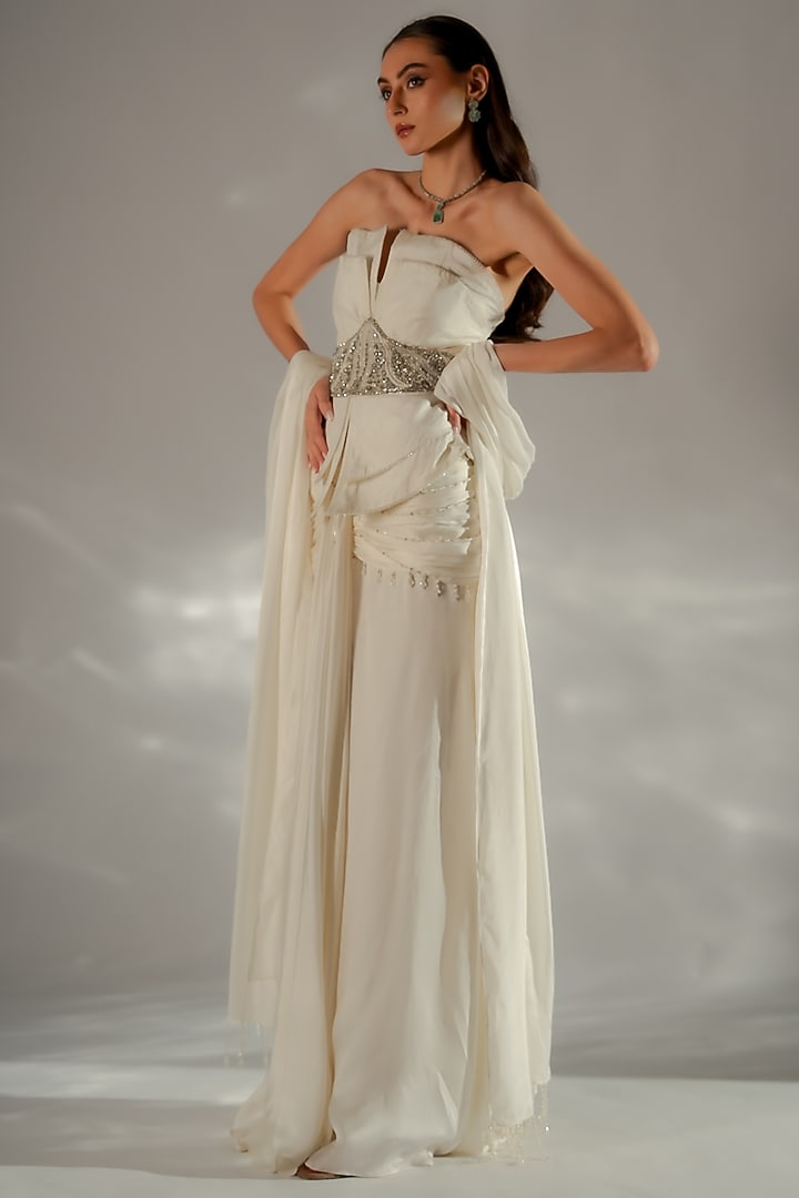 Ivory Satin & Organza Embellished Co-Ord Set by Jade by Ashima at Pernia's Pop Up Shop