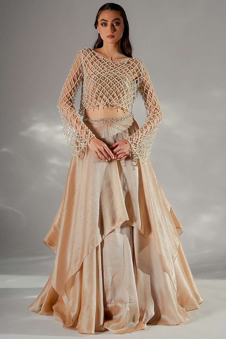 Sand Gold Palladium Embroidered Wedding Lehenga Set by Jade by Ashima at Pernia's Pop Up Shop