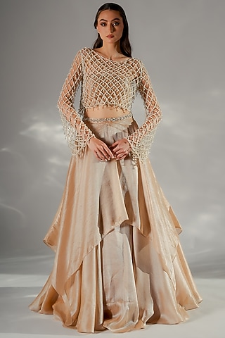 Sand Gold Palladium Embroidered Lehenga Set by Jade by Ashima