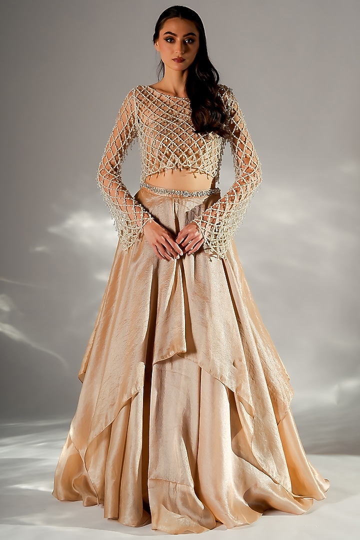 Sand Gold Palladium Embroidered Wedding Lehenga Set by Jade by Ashima at Pernia's Pop Up Shop