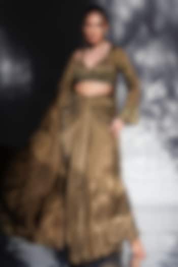 Khaki Green Upada & Satin Embroidered Jacket Set by Jade by Ashima at Pernia's Pop Up Shop