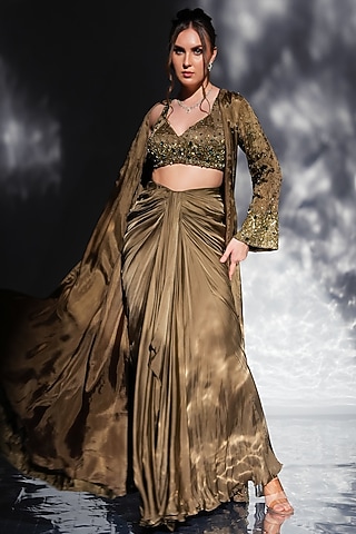 Khaki Green Upada & Satin Embroidered Jacket Set by Jade by Ashima