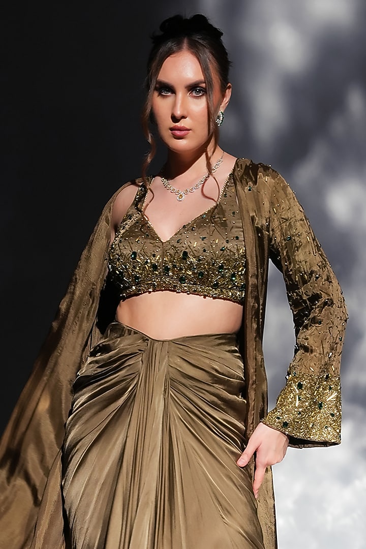 Khaki Green Upada & Satin Embroidered Jacket Set by Jade by Ashima at Pernia's Pop Up Shop