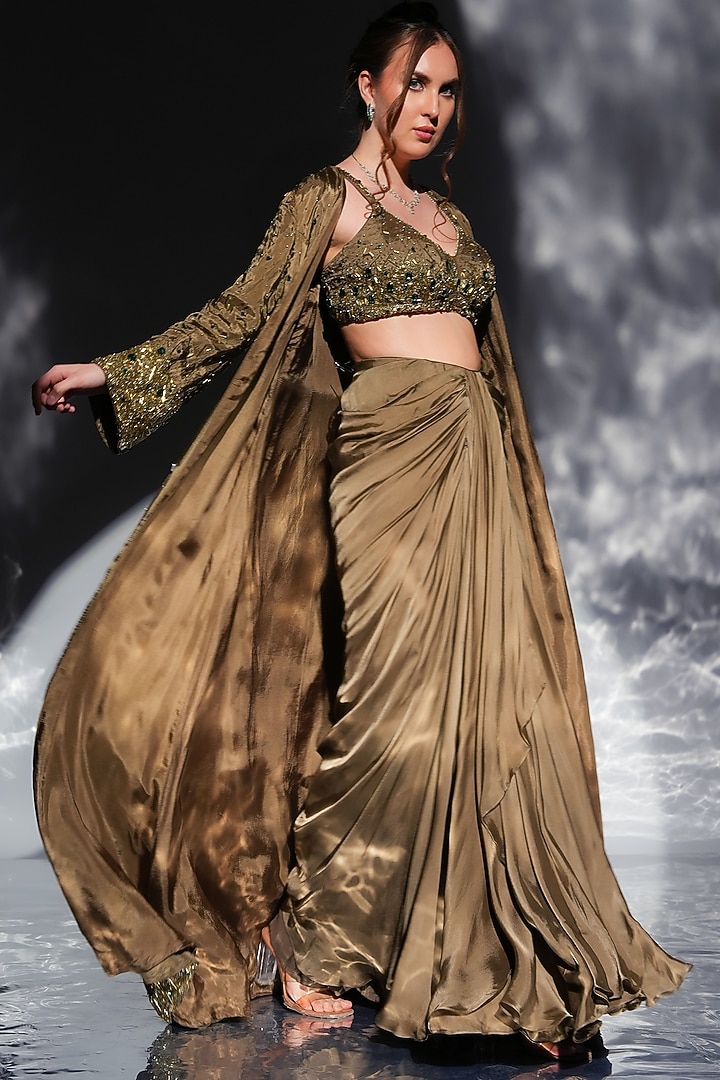 Khaki Green Upada & Satin Embroidered Jacket Set by Jade by Ashima at Pernia's Pop Up Shop