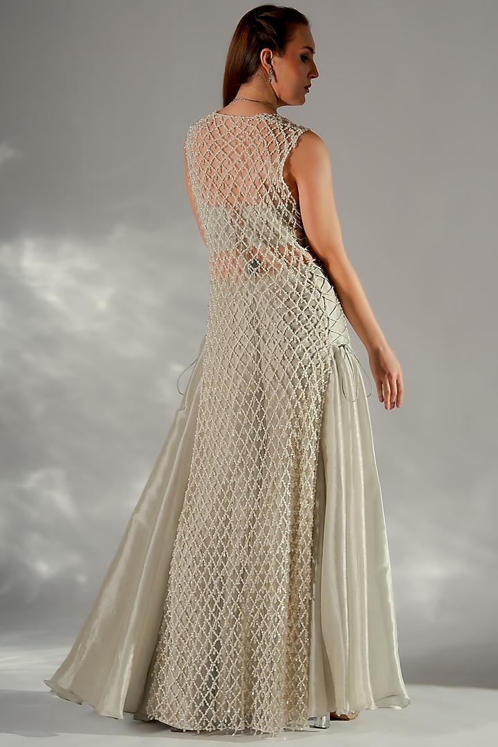 Ash Grey Net & Crepe Embellished Jacket Set by Jade by Ashima at Pernia's Pop Up Shop