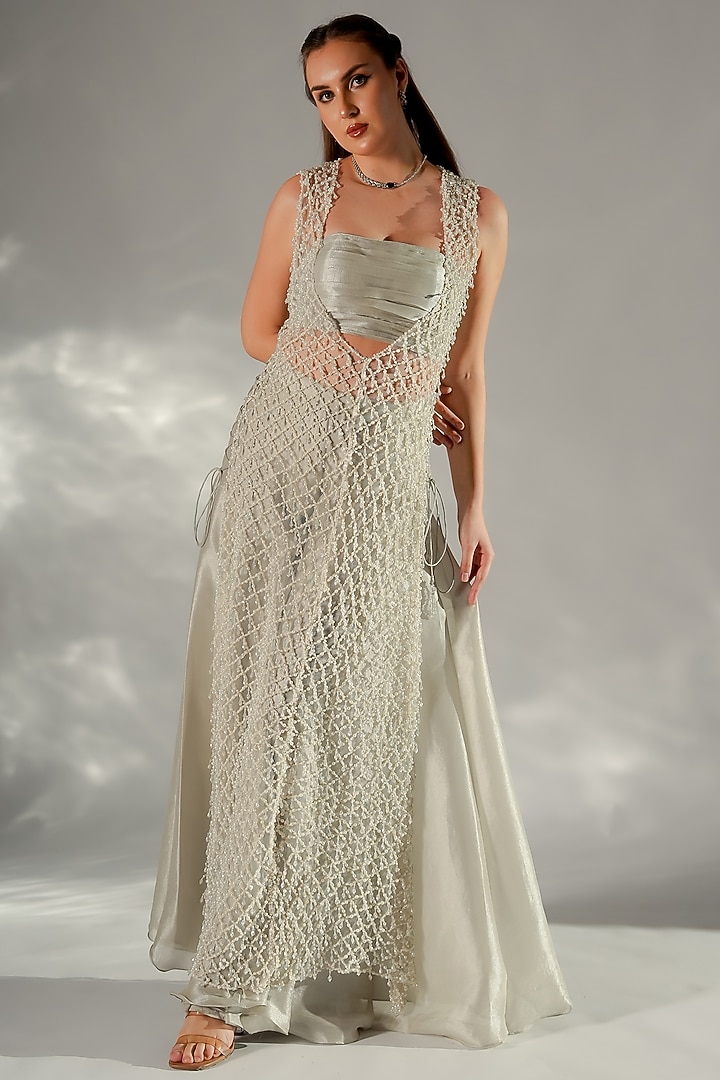 Ash Grey Net & Crepe Embellished Jacket Set by Jade by Ashima at Pernia's Pop Up Shop