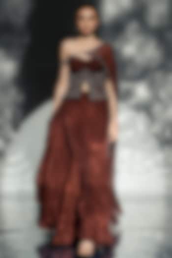 Mocha Brown Crepe & Organza Draped Wedding Saree by Jade by Ashima at Pernia's Pop Up Shop