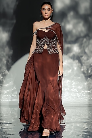 Mocha Brown Crepe & Organza Draped Saree by Jade by Ashima