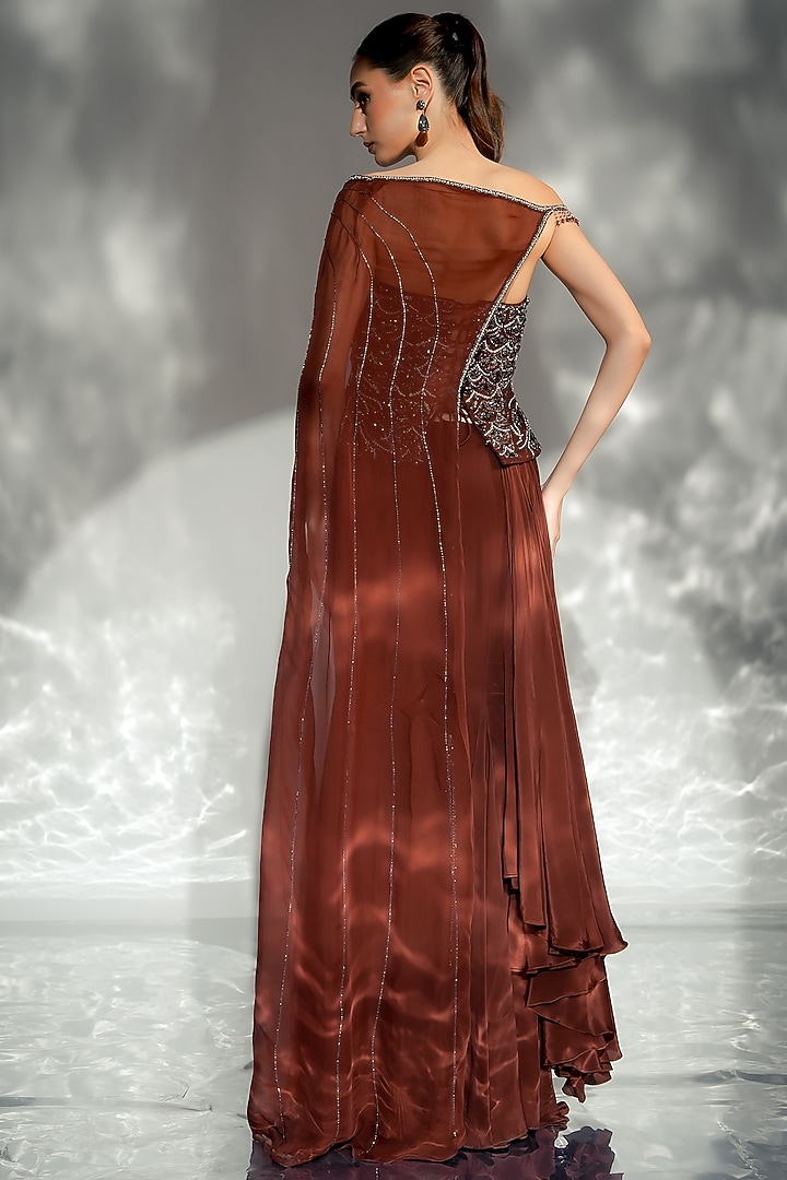 Mocha Brown Crepe & Organza Draped Wedding Saree by Jade by Ashima at Pernia's Pop Up Shop