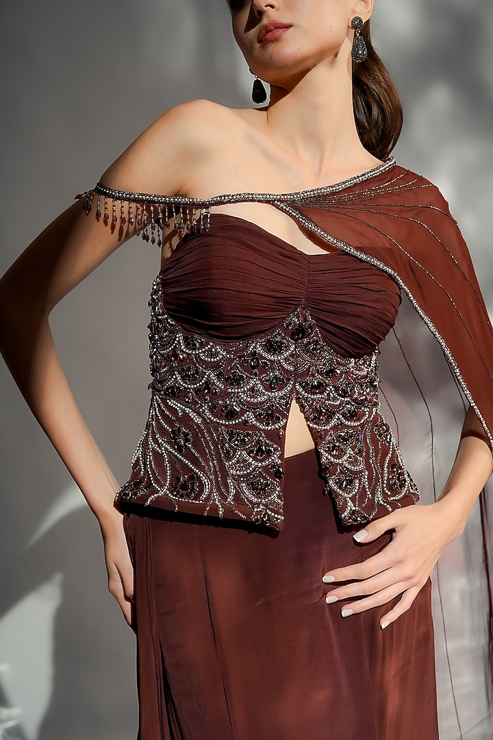 Mocha Brown Crepe & Organza Draped Wedding Saree by Jade by Ashima at Pernia's Pop Up Shop