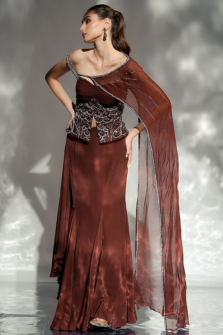 Mocha Brown Crepe & Organza Draped Wedding Saree by Jade by Ashima at Pernia's Pop Up Shop