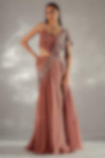 Dusty Peach Satin Embroidered Ruffled Draped Wedding Saree Set by Jade by Ashima at Pernia's Pop Up Shop