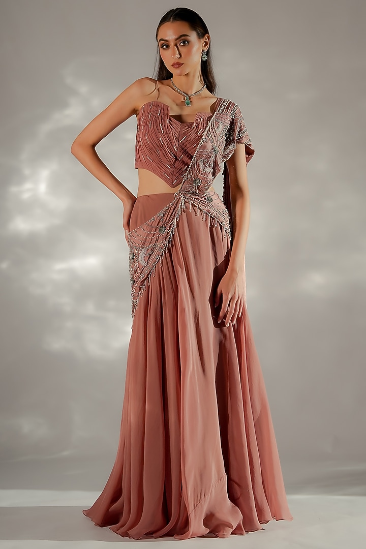 Dusty Peach Satin Embroidered Ruffled Draped Wedding Saree Set by Jade by Ashima at Pernia's Pop Up Shop