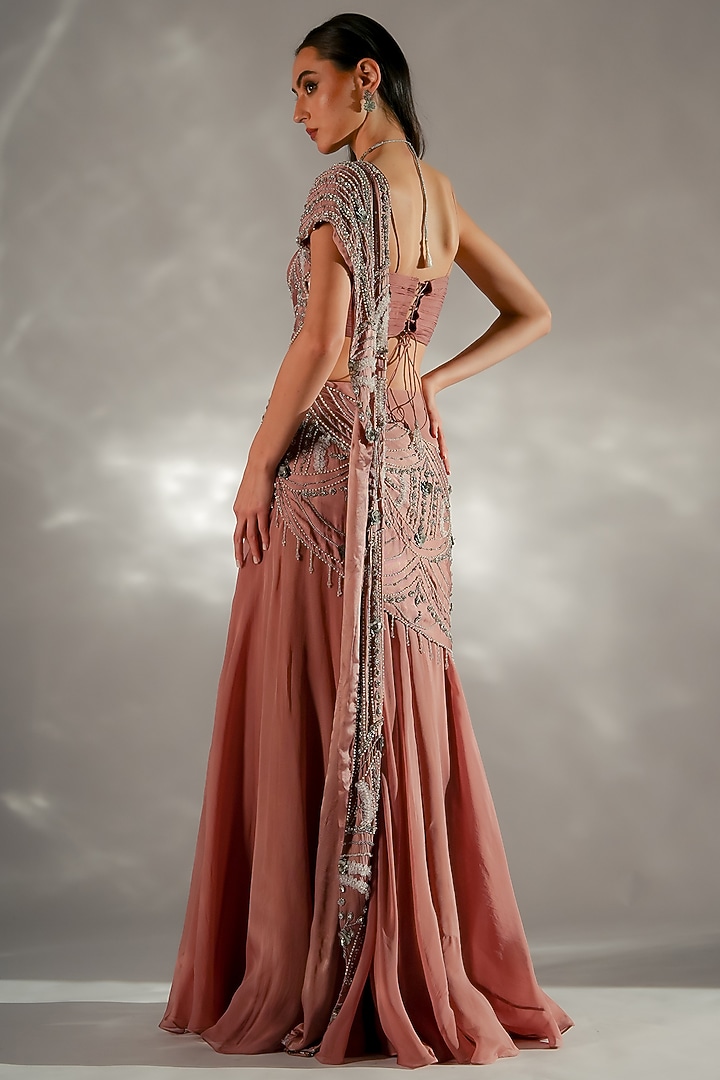 Dusty Peach Satin Embroidered Ruffled Draped Wedding Saree Set by Jade by Ashima at Pernia's Pop Up Shop