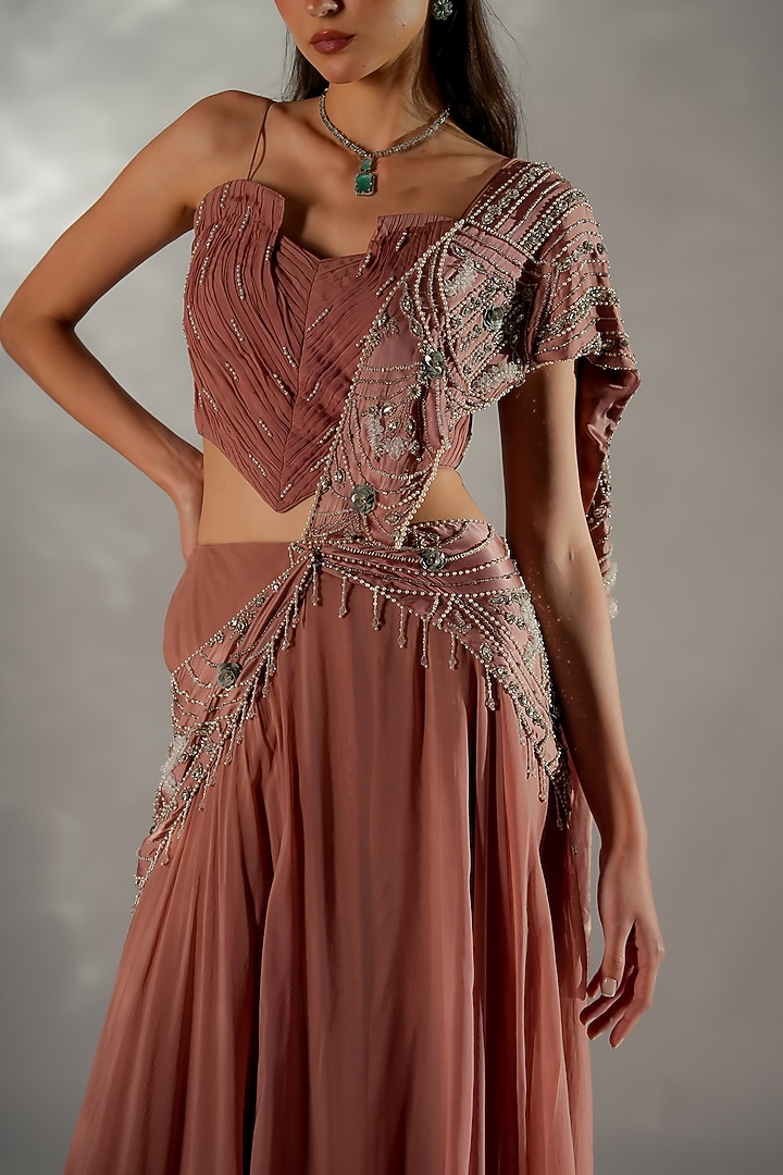 Dusty Peach Satin Embroidered Ruffled Draped Wedding Saree Set by Jade by Ashima at Pernia's Pop Up Shop