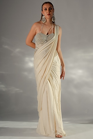 Ivory Organza Draped Saree Set by Jade by Ashima