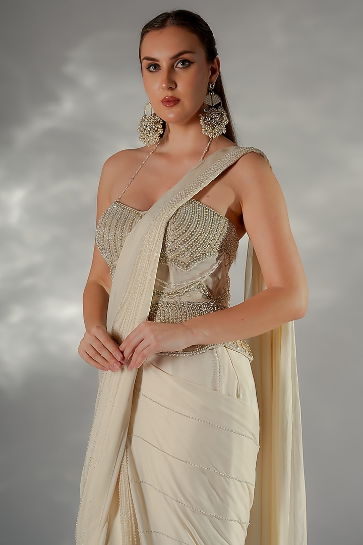 Ivory Organza Draped Wedding Saree Set by Jade by Ashima at Pernia's Pop Up Shop