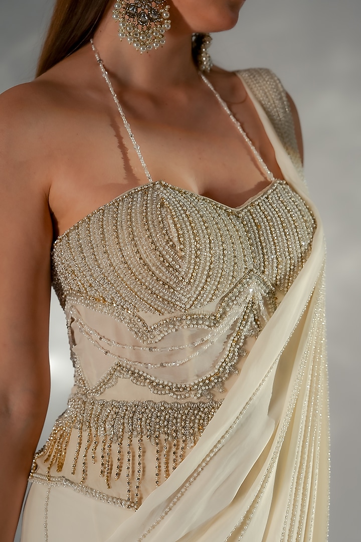 Ivory Organza Draped Wedding Saree Set by Jade by Ashima at Pernia's Pop Up Shop