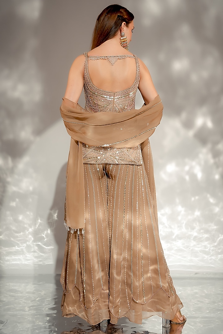 Dusty Gold Satin & Organza Embroidered Wedding Sharara Set by Jade by Ashima at Pernia's Pop Up Shop