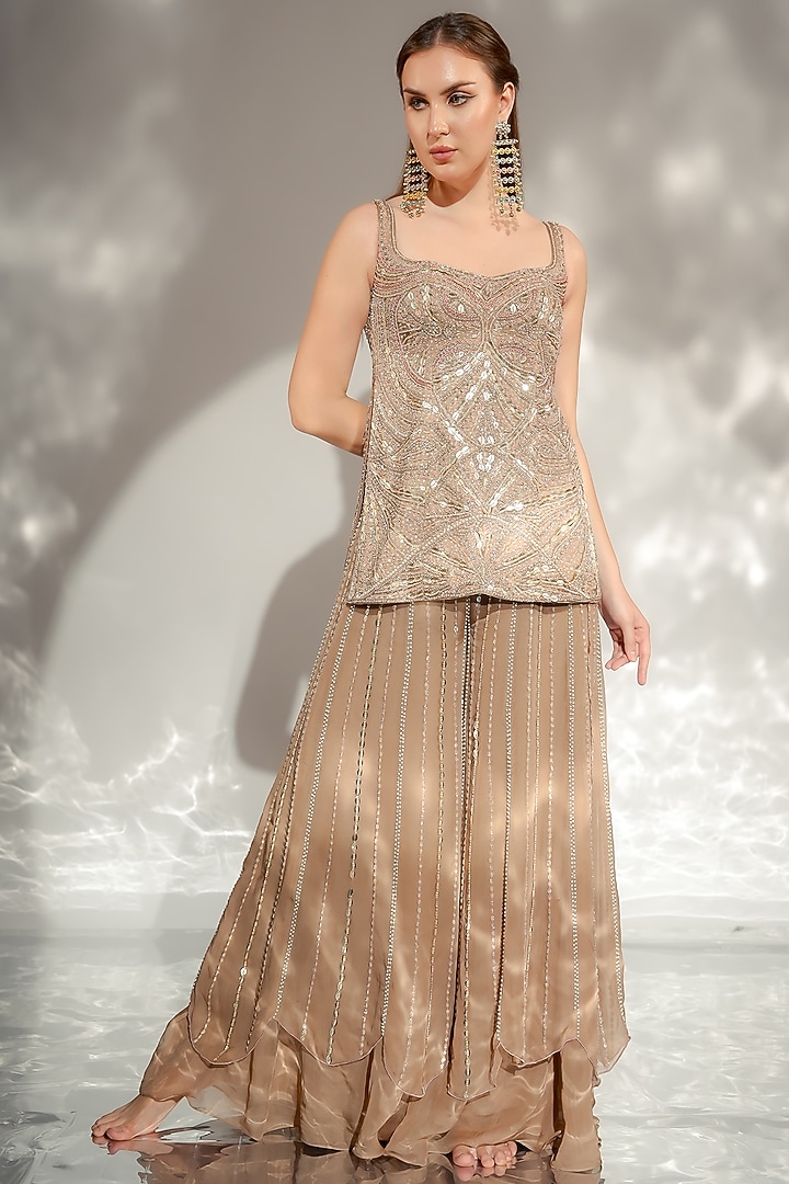 Dusty Gold Satin & Organza Embroidered Wedding Sharara Set by Jade by Ashima at Pernia's Pop Up Shop