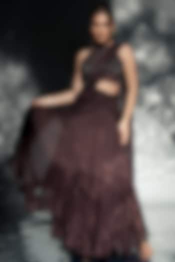 Dark Mocha Brown Organza Embroidered Draped Wedding Saree Set by Jade by Ashima at Pernia's Pop Up Shop