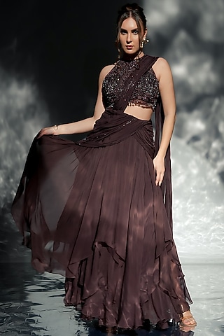 Dark Mocha Brown Organza Embroidered Draped Saree Set by Jade by Ashima