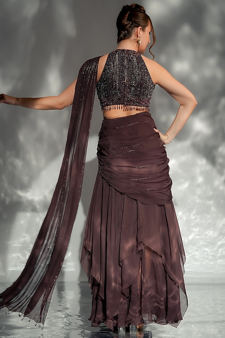 Dark Mocha Brown Organza Embroidered Draped Wedding Saree Set by Jade by Ashima at Pernia's Pop Up Shop