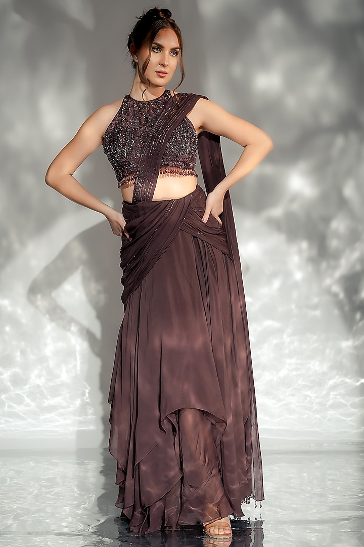 Dark Mocha Brown Organza Embroidered Draped Wedding Saree Set by Jade by Ashima at Pernia's Pop Up Shop