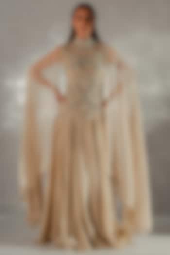 Washed Peach Organza Hand Embroidered Cape Engagement Gown by Jade by Ashima at Pernia's Pop Up Shop