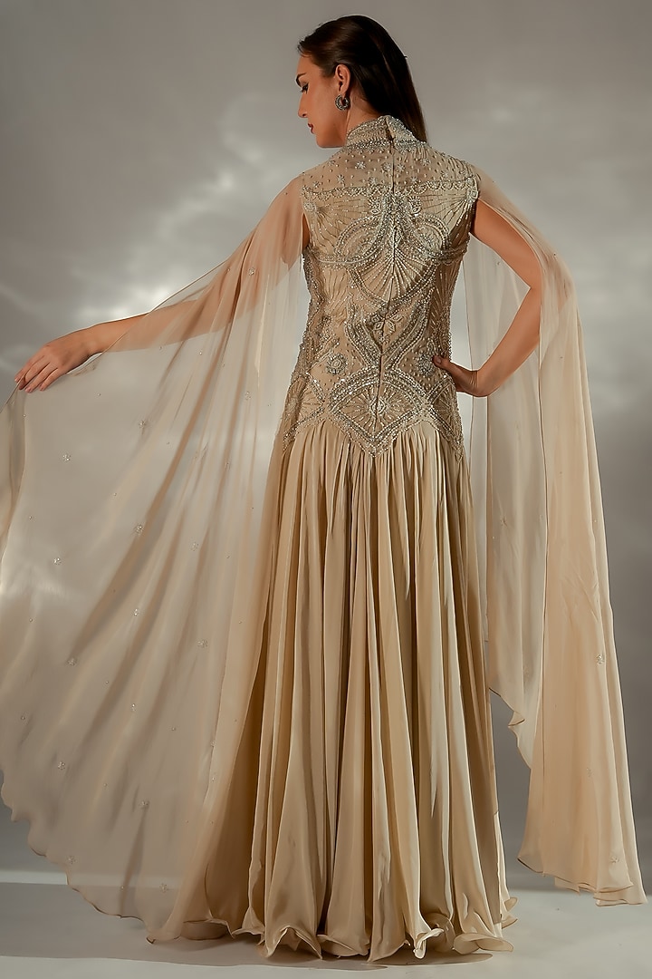 Washed Peach Organza Hand Embroidered Cape Engagement Gown by Jade by Ashima at Pernia's Pop Up Shop